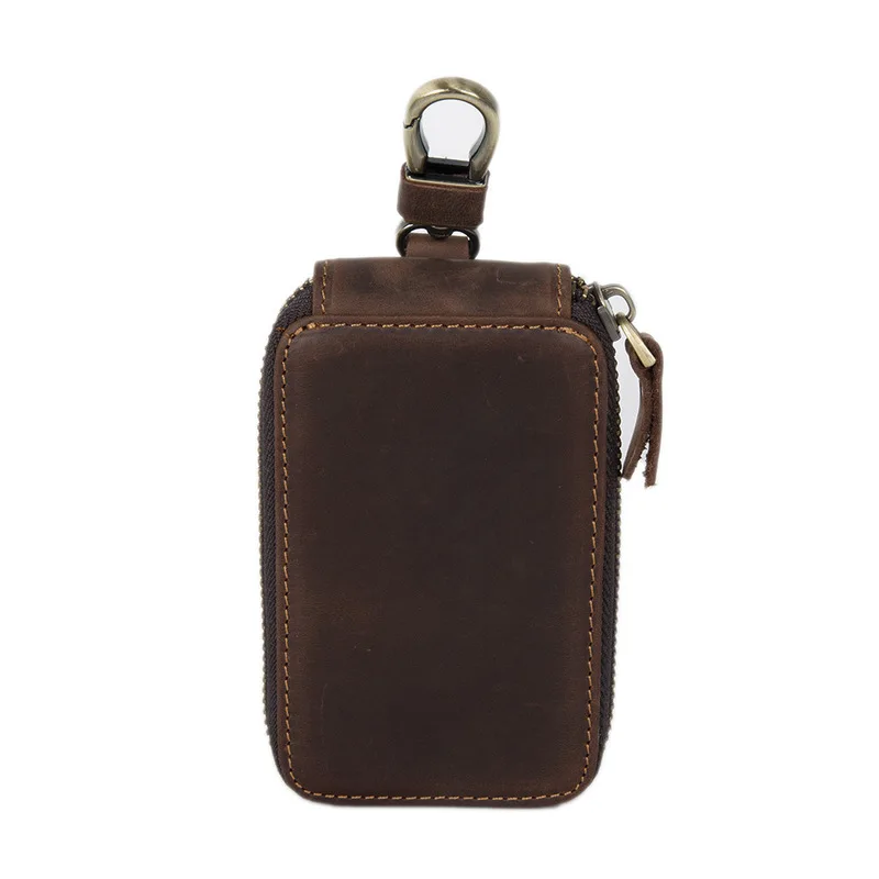 Retro Wild Horse Leather Home Use Genuine Leather Keycase with Zipper - Men's Car Use Top-grain Cowhide Keycase Protection Cover