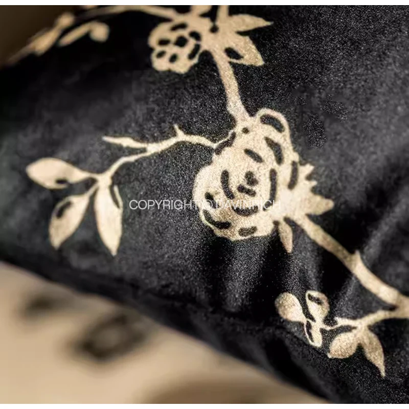 DAVINRICH Luxury Black Lush Velvet Cushion Cover With Tassels Chinoiserie Ink Bird Floral Decorative Pillowcase For Bed Armchair