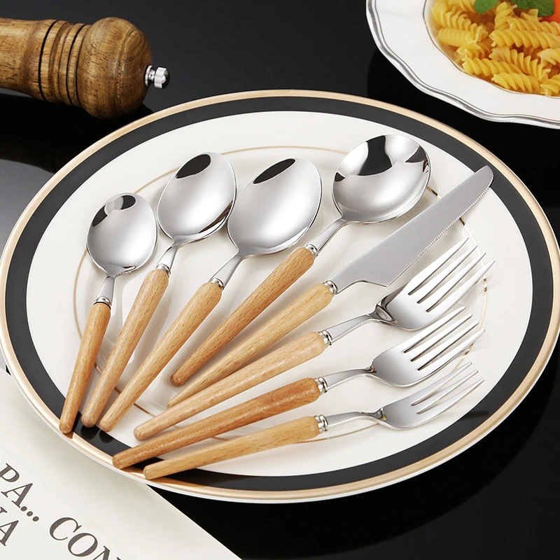 Creative Wooden Handle Cutlery Set Pointed Tail Stainless Steel Knife Fork Spoon Teaspoon Dinnerware Set Utensil for Kitchen