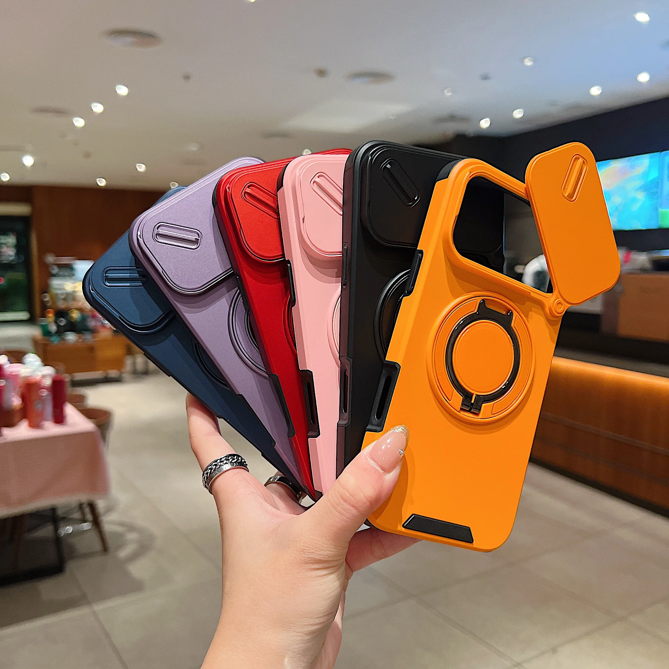

Shockproof Hybrid Dual Layer Ring Kickstand Phone Case For iPhone 17 Pro Max 17E 16e 16 15 14, Sliding Camera Protective Cover