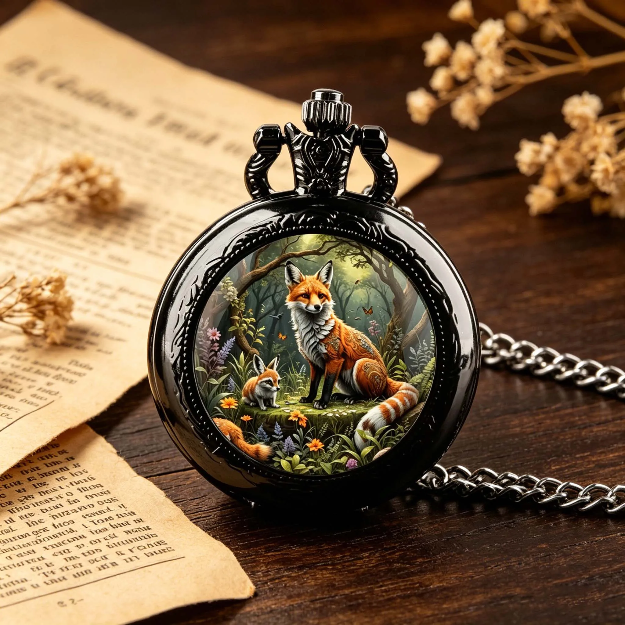 

Fox in The Forest Glass Dome Vintage Quartz Pocket Watch Men Women Pendant Necklace Chain Charm Clock Hours Watch Jewelry Gifts