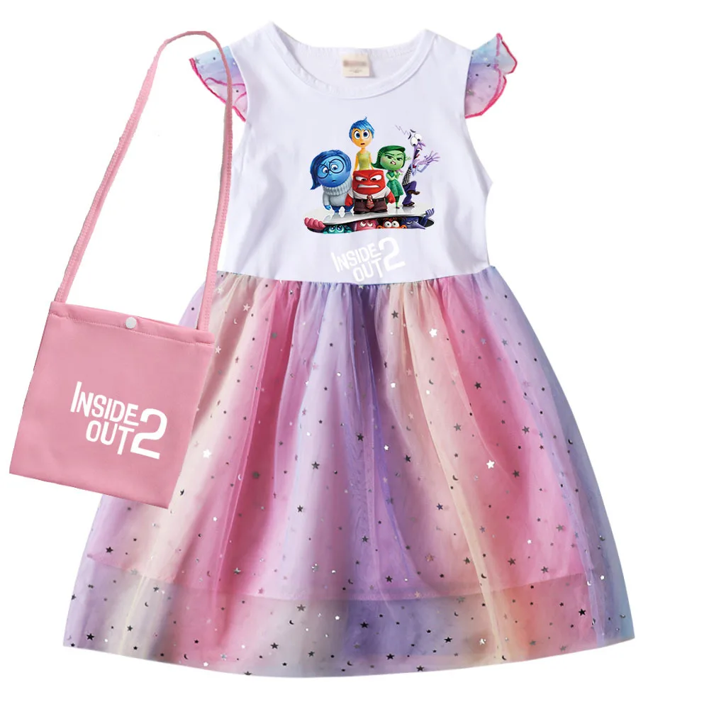 Summer Inside Out 2 Joy Costume Kids Cartoon Joy Short Sleeve Dress+bag Funny Clothes Toddler Girls Birthday Party Casual Dress