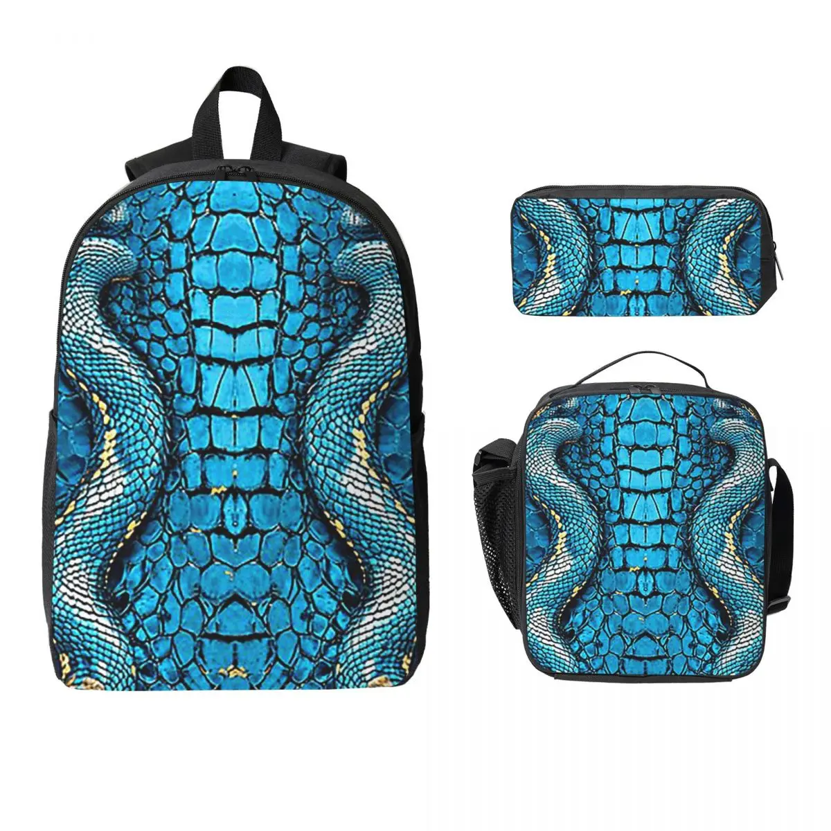 Skin Blue Snake Serpent Animal Print Viper Fashion Backpack BookBag School Bag Shoulder Bags 3ps Insulated Lunch Bag Pencil Case
