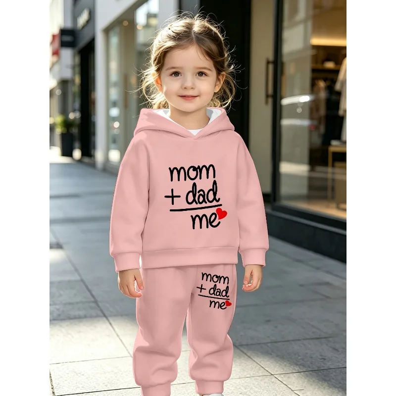 Kids Hoodie Jogger: Mom Dad Me Letter Print, Pink Yellow Palm Leaf Pattern, Bow Dinosaur Graphic Kid Tracksuit