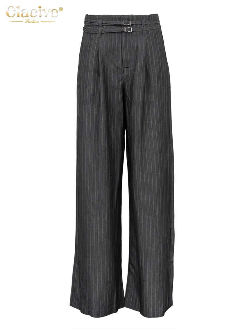 Clacive Fashion Loose Gray Stripe Women\'s Pants 2025 Elegant High Waist Wide Trousers Vintage Classic Full Length Pants Female