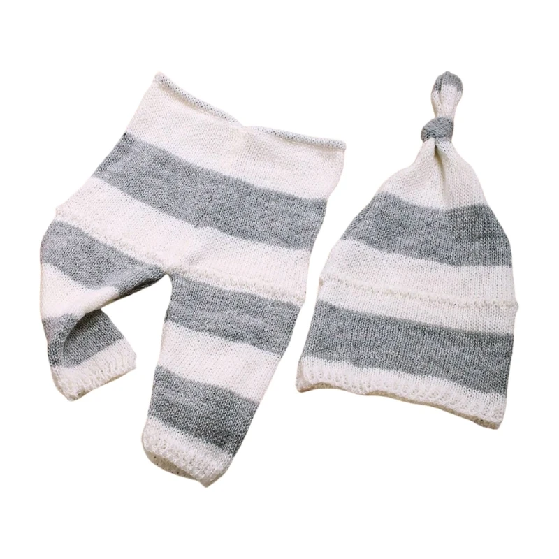 Newborn Baby Striped Knitted Pants and Long Tail Hat Set for Photoshoots Props QX2D