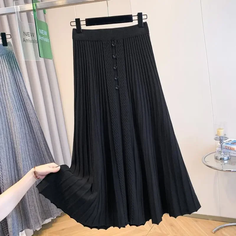 2025 Autumn Winter New Office Lady Simplicity Elastic Waist A-line Skirt Ladies Fashion Loose Buttons Solid Color Pleated Skirt