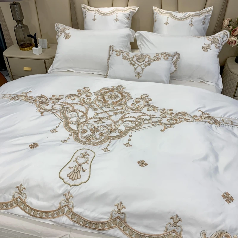 White Satin Cotton Bedding Sets Luxury Golden Embroidery Duvet Cover Fitted Bed Sheet Pillowcases Solid Color Home Textile