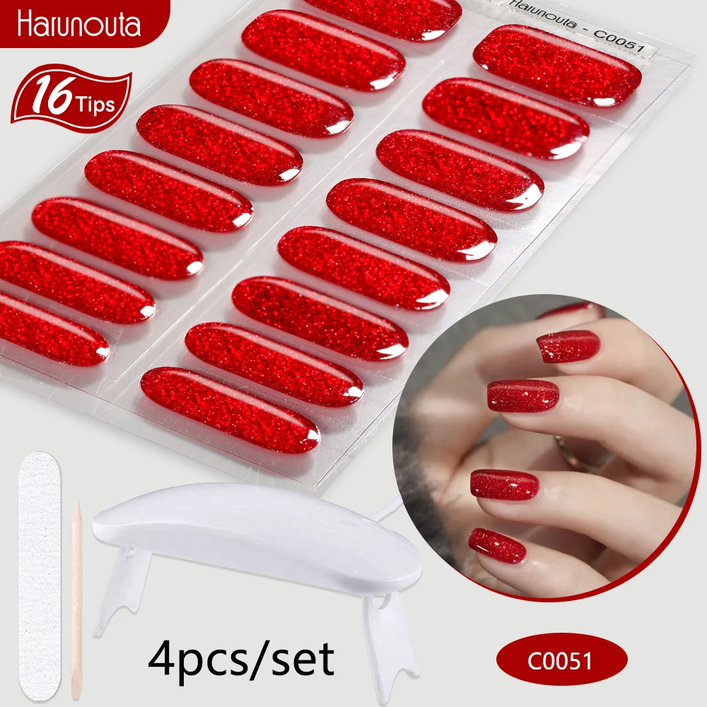 Harunouta 4 buah/set Strip kuku Gel Semi sembuh dengan lampu kuku berkilau berkilau cat kuku Gel kit stiker kuku seni manikur