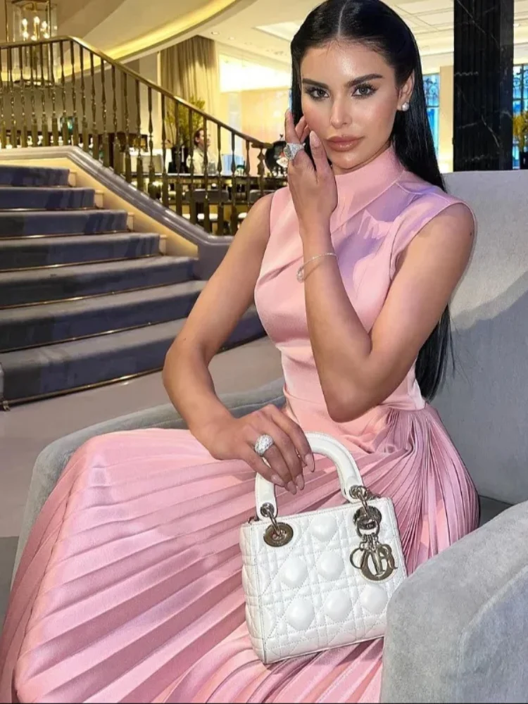 

2025 Sweet Pink Ruffle Long Dress Women's Slim Fit Sleeveless Patchwork Split Irregular Party Gown Elegant Summer Evening Robe