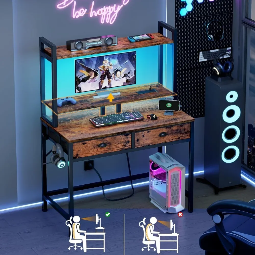مكتب كمبيوتر صغير مع أدراج، مكاتب مكتب منزلية مقاس 36 بوصة مع مخرج طاقة وإضاءة LED، مكتب ألعاب مع حامل شاشة، Mo