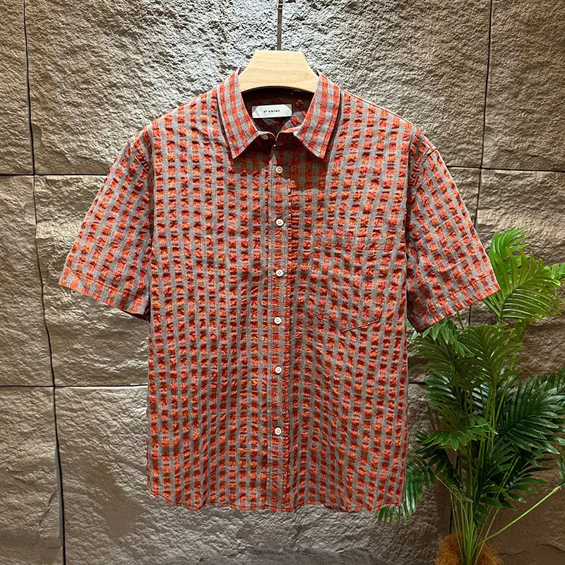 

Summer Plaid Short Sleeved Shirt For Men French Casual Fashion Business Commute Loose Male Lapel Single Breasted T-shirt