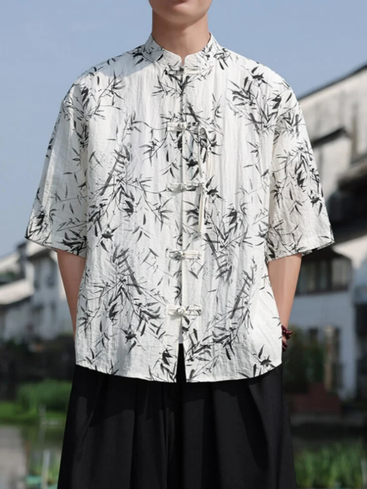 

Ice Silk ort Sve irt Men's Summer Thin Cool Feeling New Chinese Sle Stand Collar Button Hanfu M Faion Loose Fit...