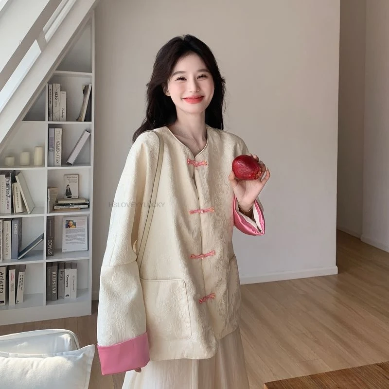 Chinese Style National Dress women's Spring New loose-fit meat-covering Fresh Sweet color-blocking button-up Jacket Warm Coat