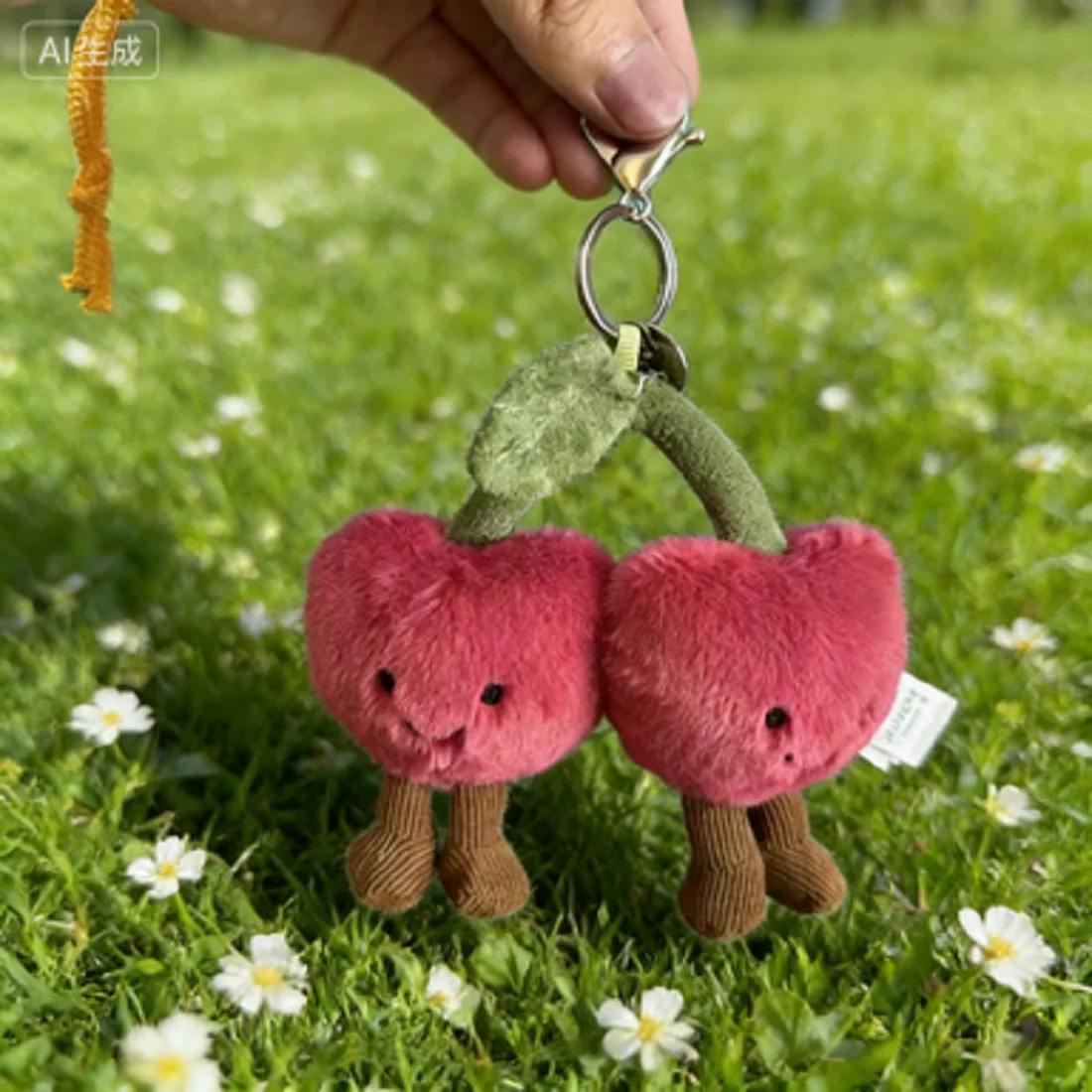 Portachiavi bicolore in peluche di cotone per gatti, morbido croissant, design a ciliegia, accessorio carino per borse e bagagli