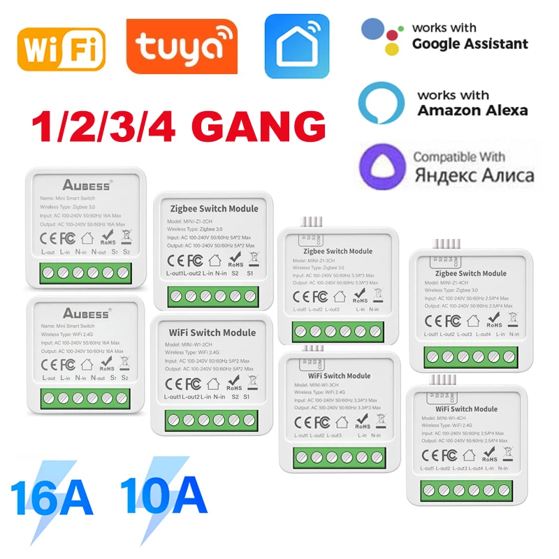 Módulo de interruptor inteligente Tuya Zigbee, dispositivo con WIFI, 1/2/3/4 entradas, Control de 2 vías, funciona con Alexa, Google home, Yandex,