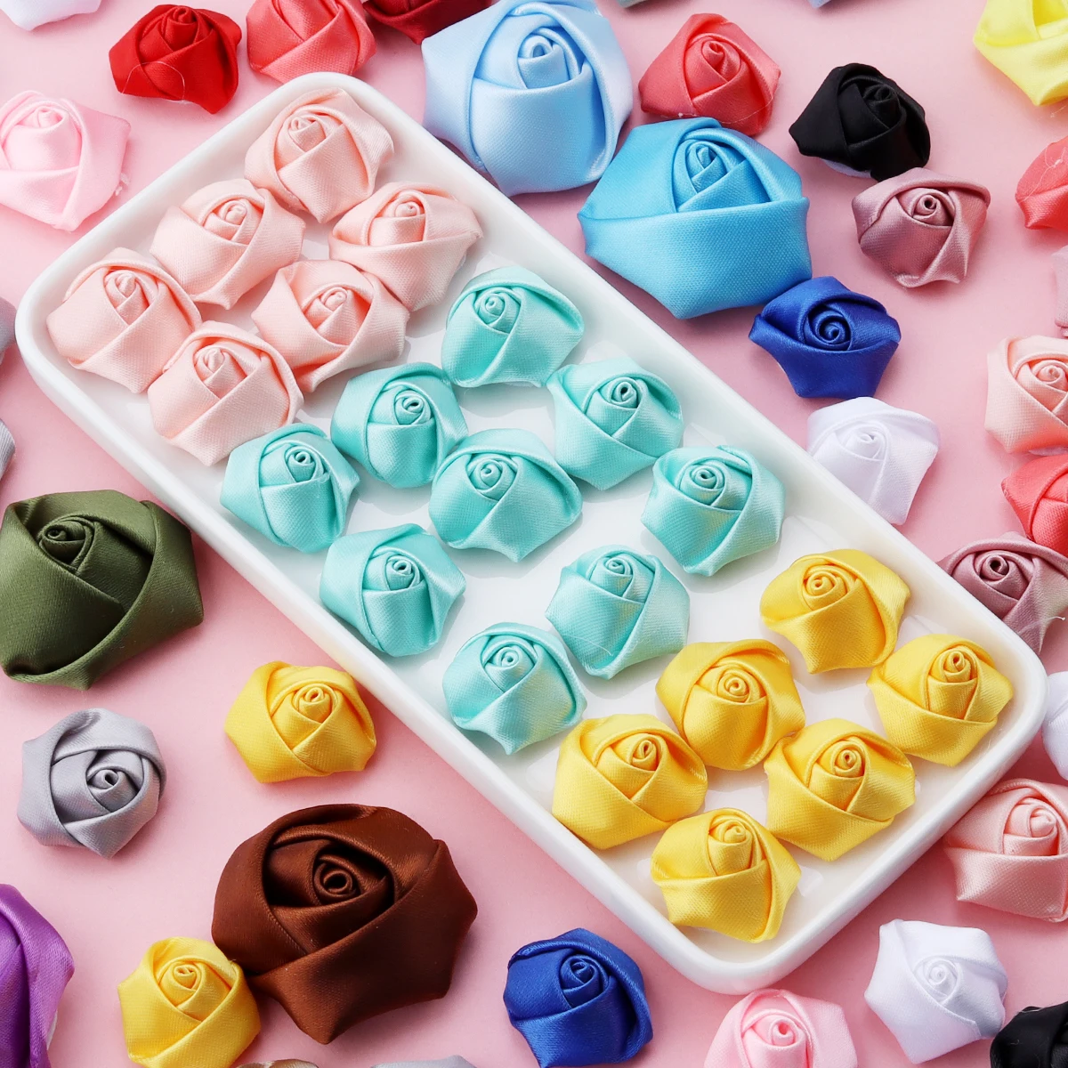 20pcs Satin Fabric Rose Flowers Colorful Handmade Satin Ribbon Flower Bud For DIY Wedding Party Clothing Headwear Decor Supplies