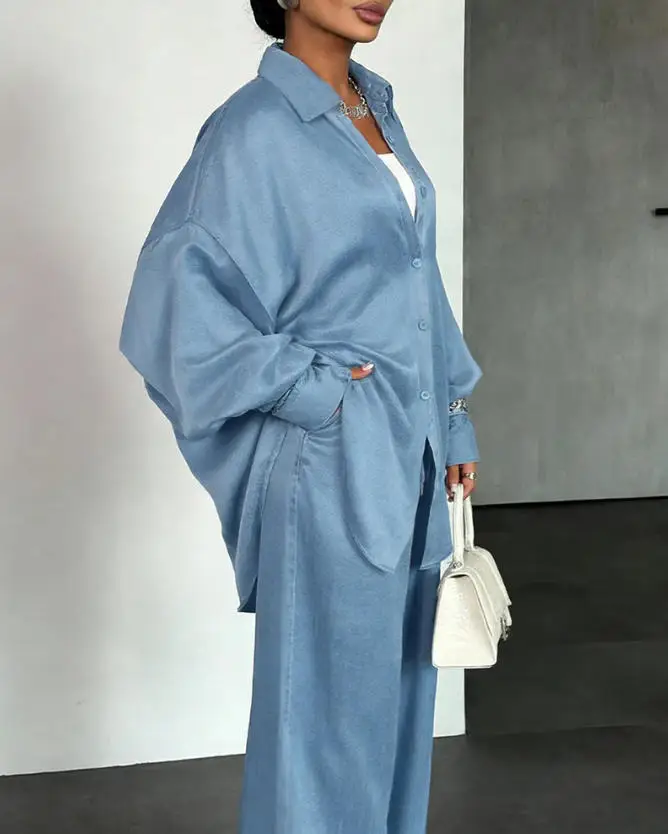 

Two Piece Set Women Outfit New Turn-Down Collar Long Sleeve Button Front Curved Hem Top & Drawstring Elastic Waist Pants Set