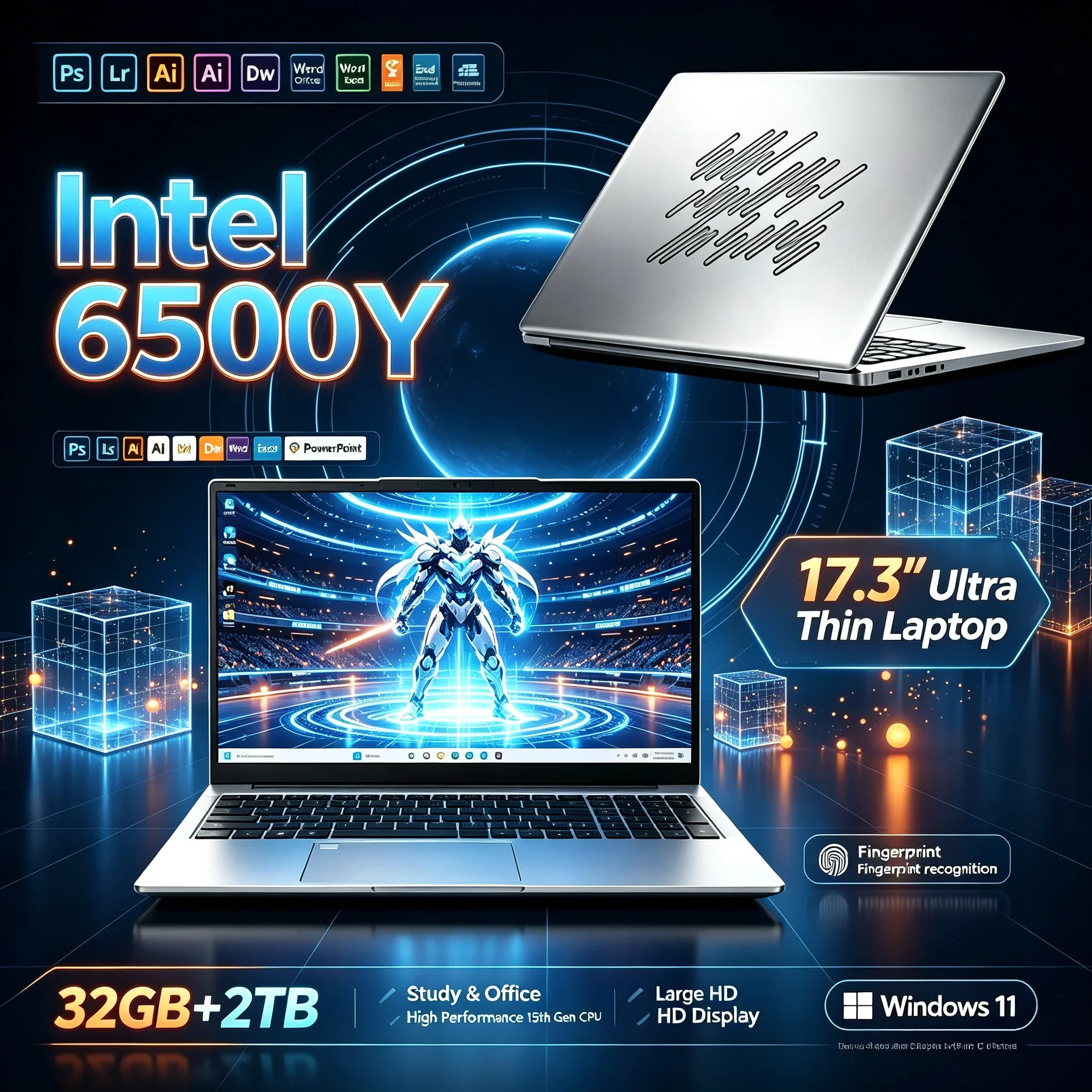 Intel 6500Y New 17.3'' Inch Big Screen Portable Computer 32GB RAM 2TB SSD Win11 WiFi 6 BT5.2 HD Notebook For Study Office Home