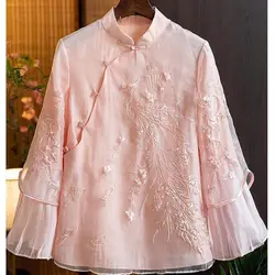 Chinese Style Improved Qipao Embroidered Shirt 2022 Spring/Summer New Design Feel Loose and Slim Chinese Top for Women