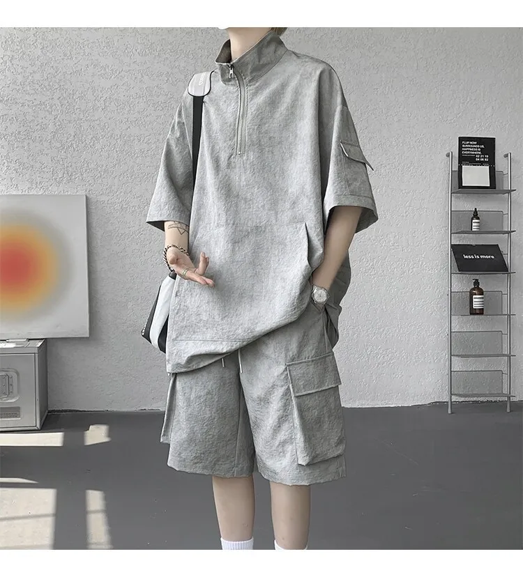 2026 Sommer Hong Kong Style Halb-Reißverschluss-Färbe-Set aus Eisseide mit Kühlfunktion, zweiteiliges Sportswear-Outfit im Hanfu-Stil mit kurzen Ärmeln – Detail 20