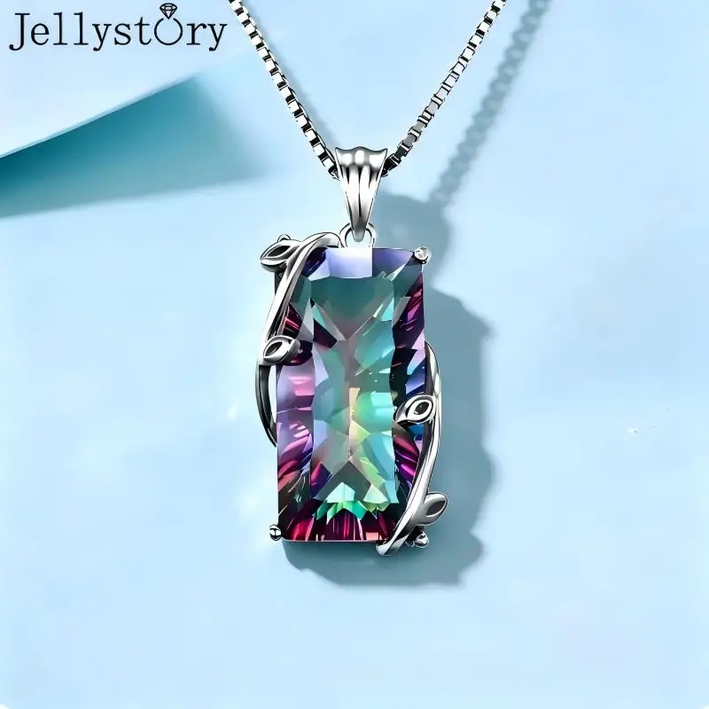 Jellystory Silver 925 Plating Jewelry Necklace with Rectangle Topaz Gemstones Pendants for Women Wedding Engagement Party Gift
