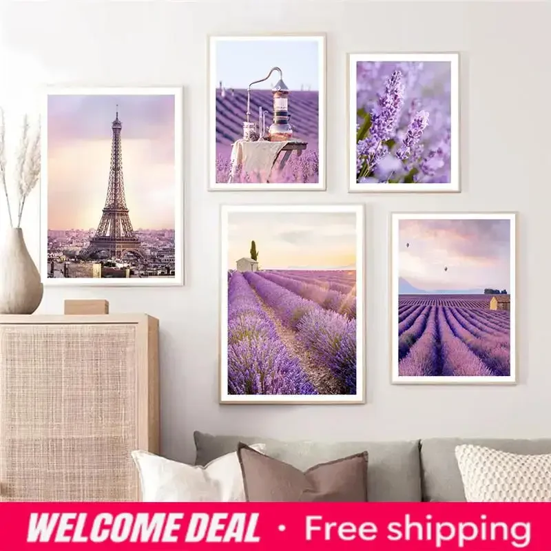 2026  Purple Lilac Lavender Beach Landscape Canvas Painting Bicycle Flower Wall Art Poster Living Room Decoration Home Decor