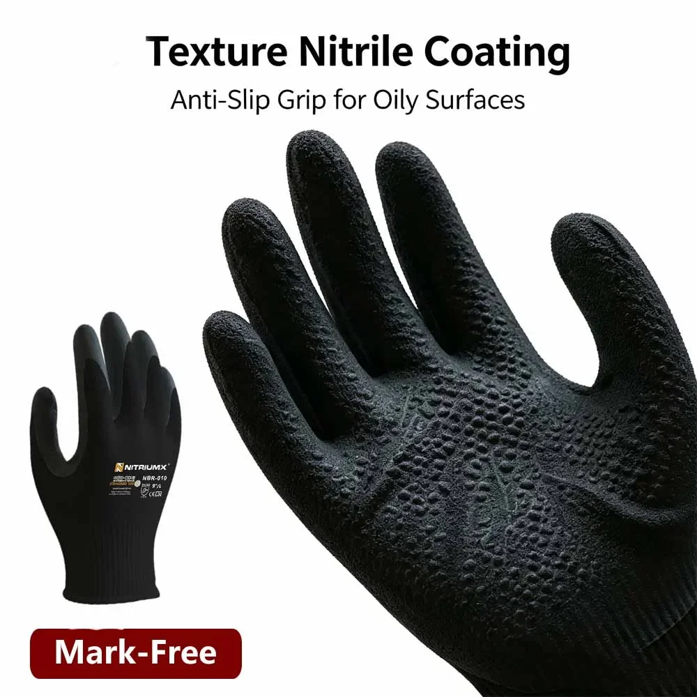 NBR‑010 Nylon Safety Work Gloves Knit Palm Coated Football Texture Nitrile Foam Oil‑Resistant Industrial Work Gloves