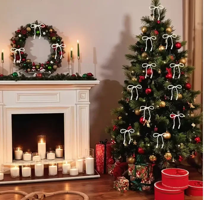 

New 6/12/24pcs Hand Woven Imitation Pearl Bow Christmas Decoration Christmas Fringe Pendant Holiday Room Decor Supplies