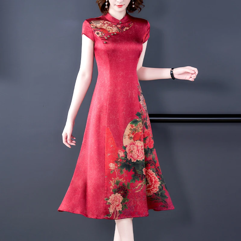 

New 2022 Summer Stand Collar Vintage Floral Slim Improved Cheongsam Ladies Silk Elegant Chinese Style Midi Dress Women Clothes