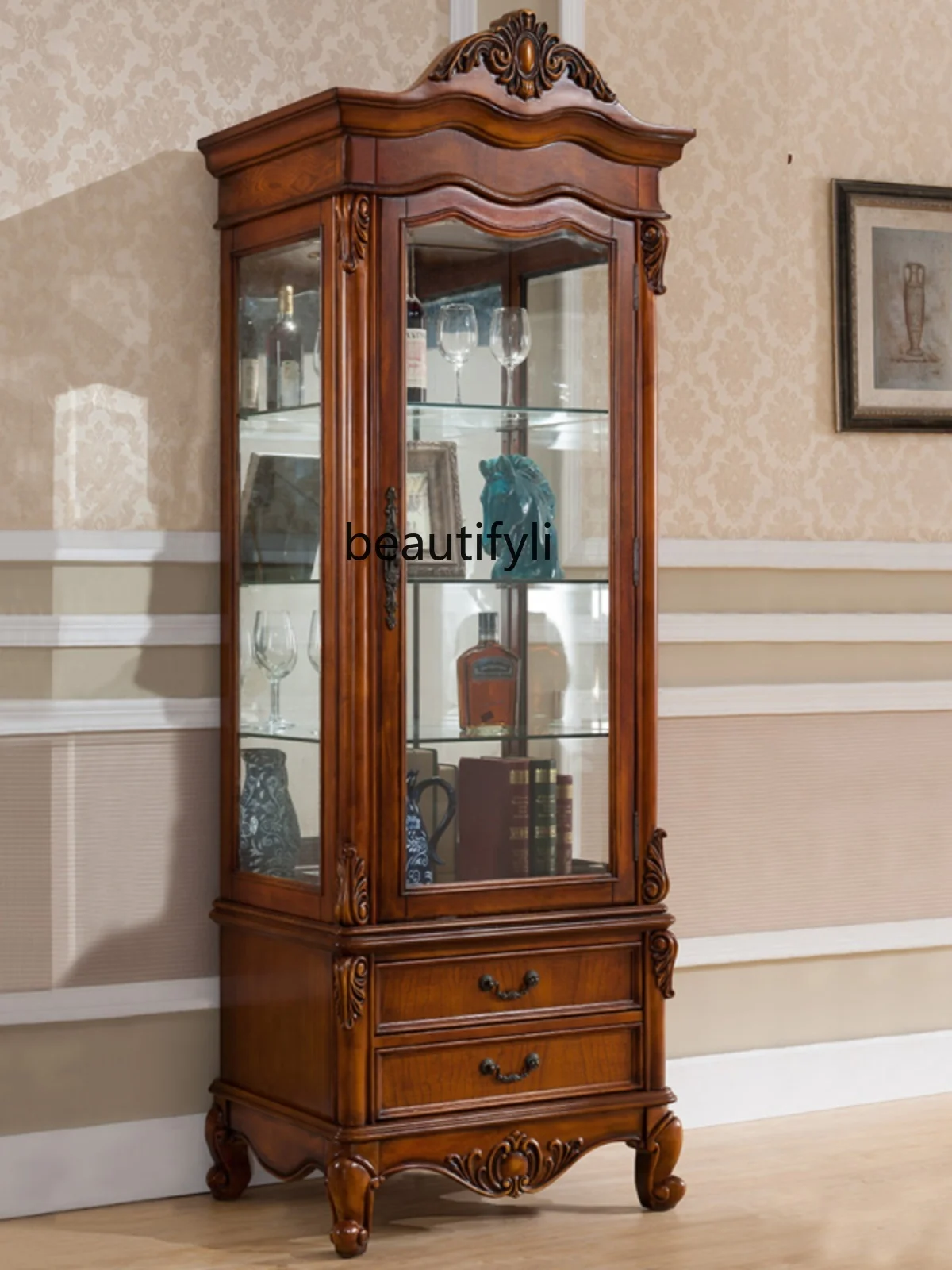 American-Style Solid Wood Wine Cabinet Living Room Wine Cabinet Display  Glass Cabinet Single Door Lockers High-End