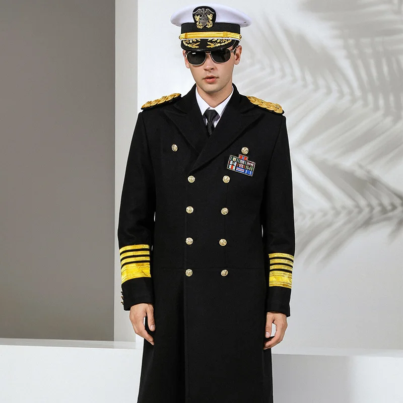 Overcoat Officer Captain Uniform Men Winter Wool Long Coat Black