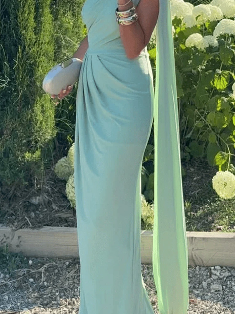 المرأة مثير بلا أكمام مزاجه فستان الحفلات موضة ثنيات عالية الخصر فستان طويل أنيق مائل طوق غير النظامية رداء فستان