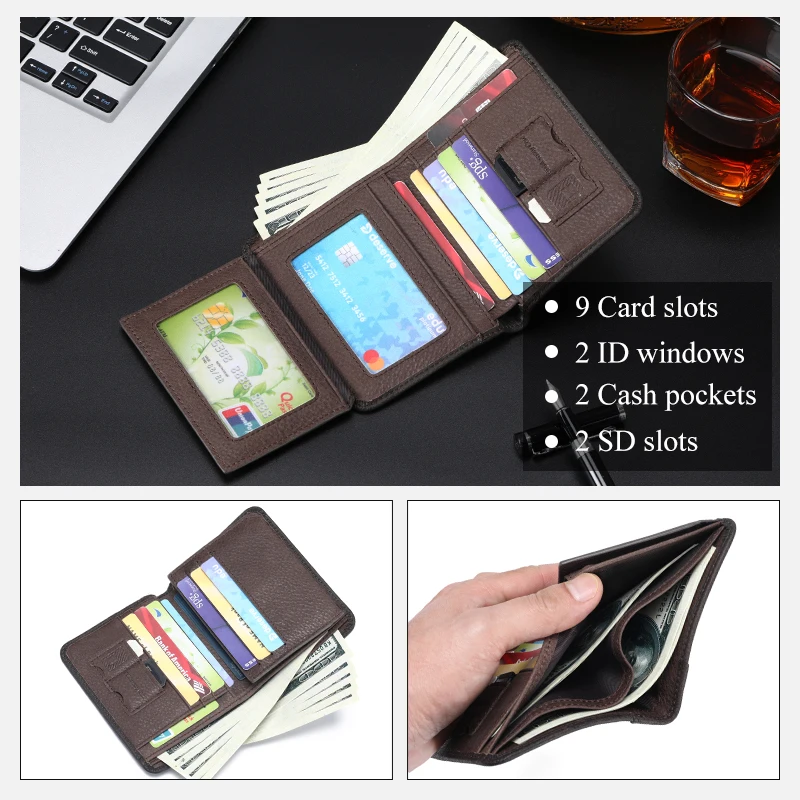 SCHLATUM Genuine Leather Men RFID Blocking short Ultra-thin wallet Retro Large Capacity Credit Card Holder Wallets