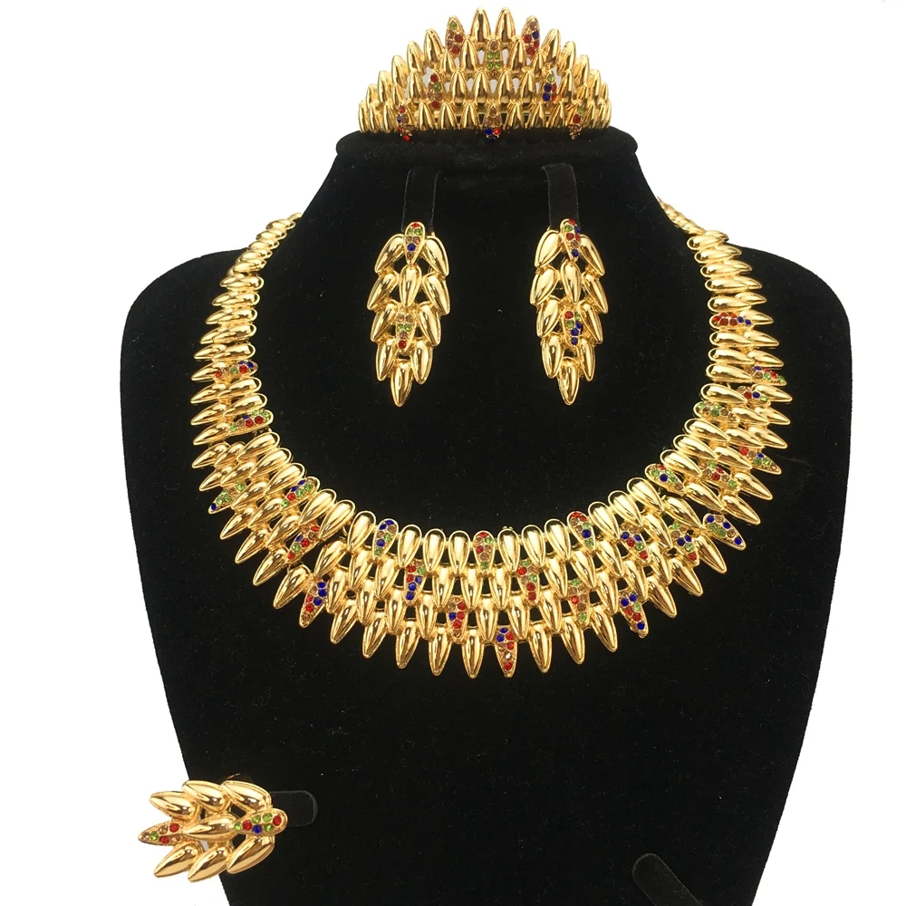 New Fashion Woman Dubai Fine Jewelry Set Gold-color African Necklace Bracelet Ring Earrings Set FHK18718