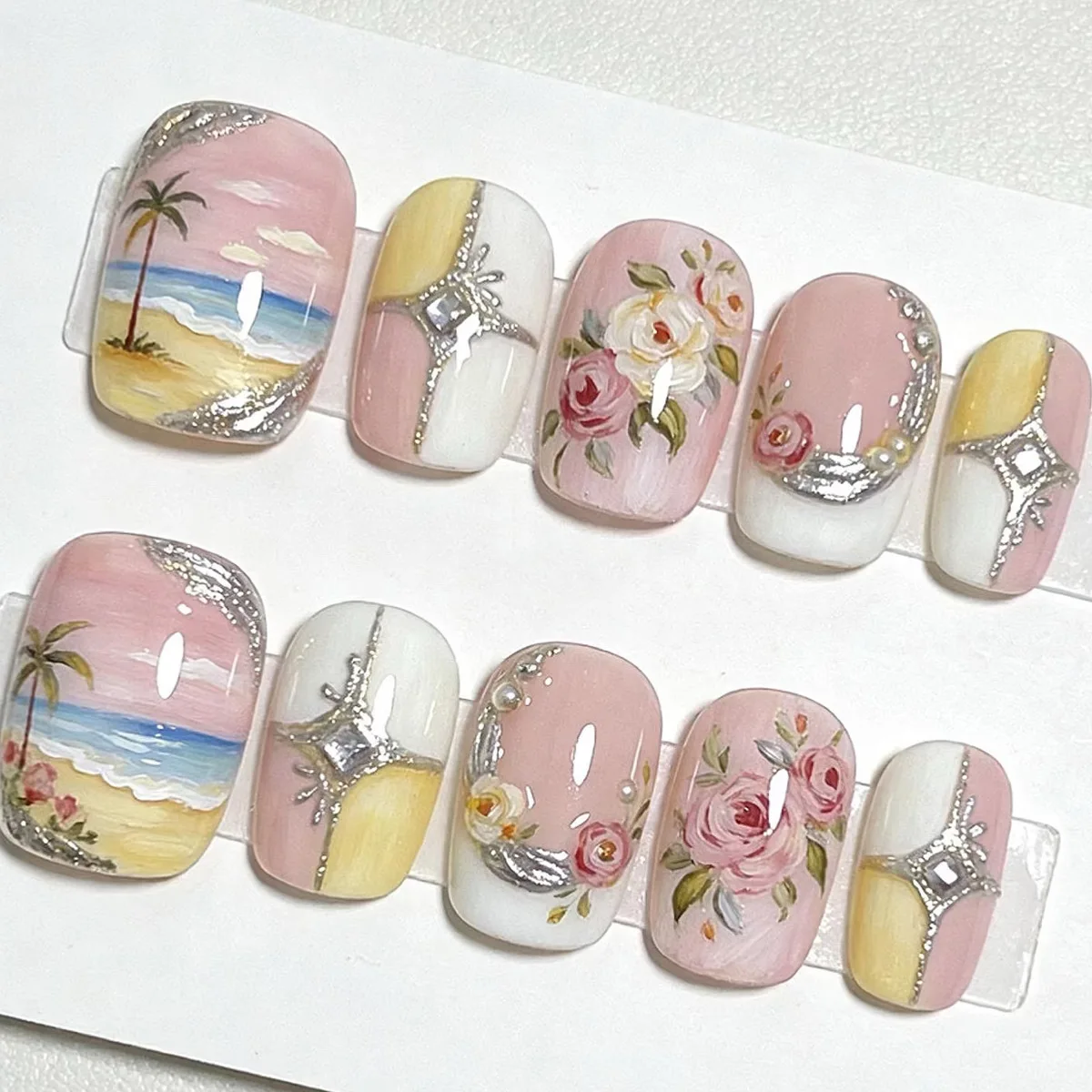 

24PCS Pink Press on Nails Short Square Fake Nails with Hand Painted Beach Scene Rose Flower Silver Rhinestone Elegant Nail Art