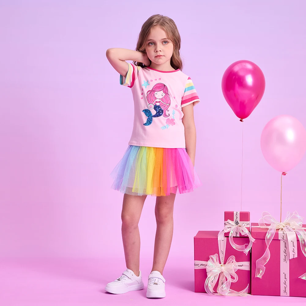 DXTON Summer Kids Tops For Girls Striped Short Sleeve Toddler T-shirts Mermaid Floral Children Pink Tees Girls Casual Clothing