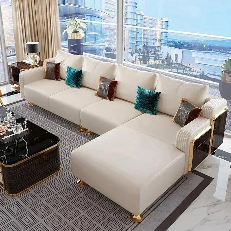 طقم أريكة جلدية فاخرة حديثة مع أريكة خشبية، أريكة بمقعد 2/3/4، أريكة جلدية لغرفة المعيشة تقبل لونًا مخصصًا