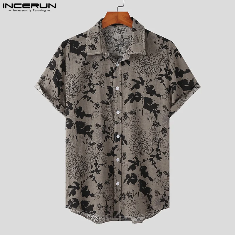 Men Hawaiian Shirt Flower Printing Lapel Short Sleeve Streetwear 2023 Casual Men Clothing Vacation Leisure Shirts S-5XL INCERUN