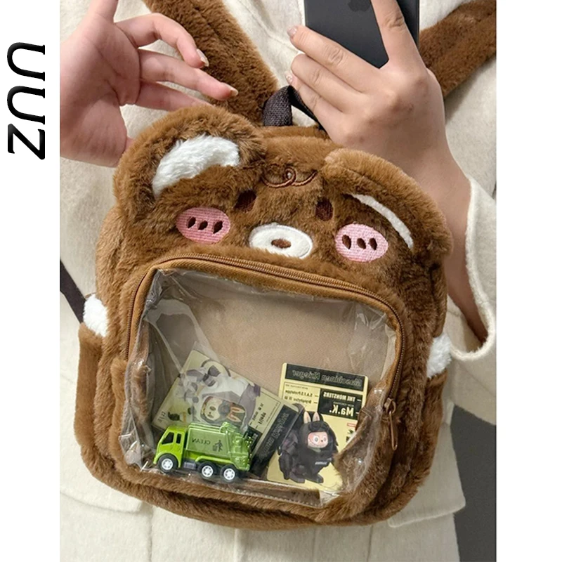 

Cute Bear Toast Painful JK Lolita Plu Transparent Double oulder Bag Cartoon Little Raccoon Bapa for Women Daily Use