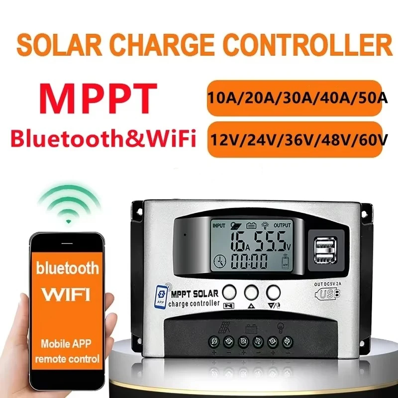 12V-60V Step-down MPPT Solar Controller 30A 40A 50A 60A Dual USB bluetooth WIFI APP 18V-150V Wide Voltage Controller LCD Displa