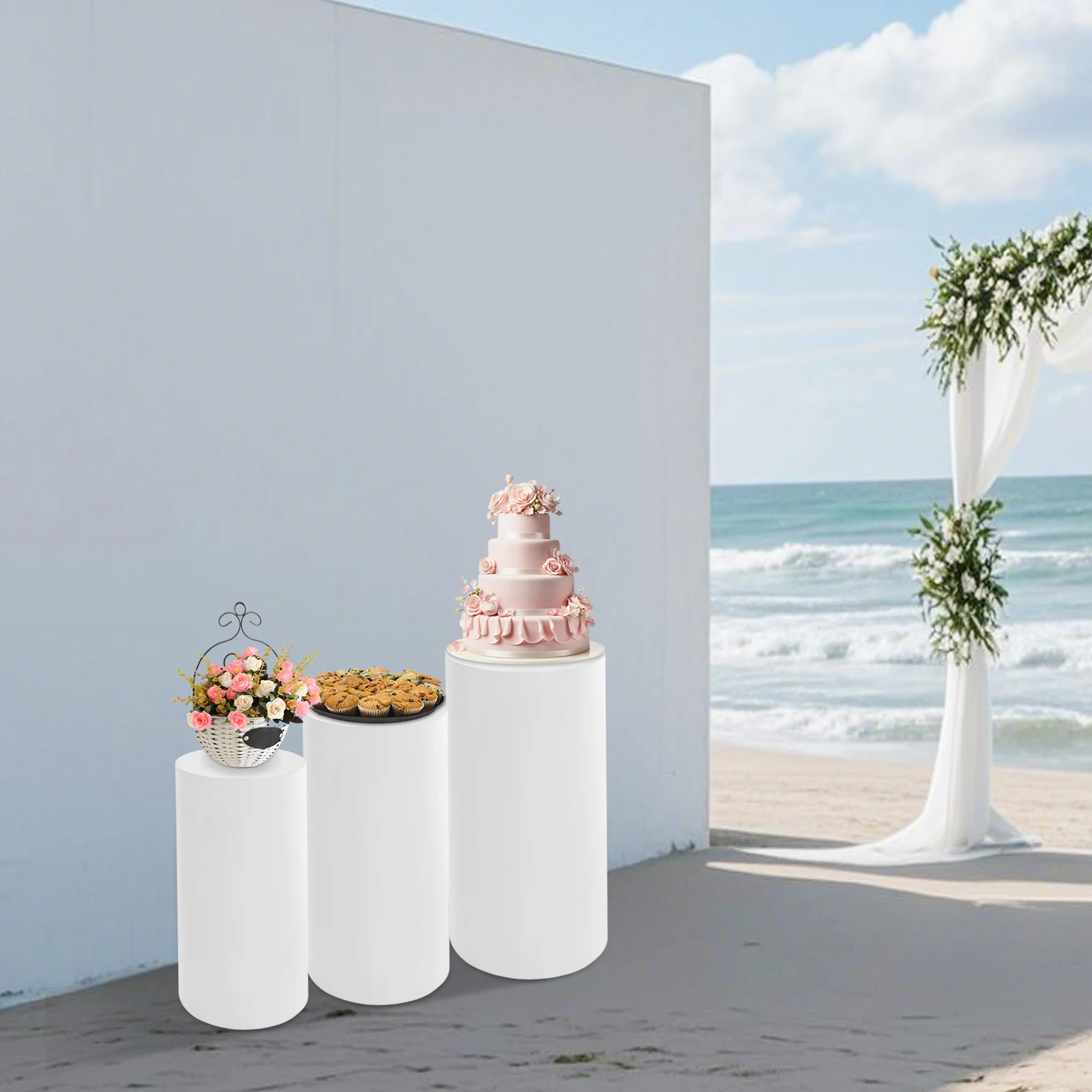 3 PC 실린더 받침대 스탠드, 흰색 실린더 받침대 디스플레이 웨딩 베이비 샤워 생일 이벤트 장식, 라운드 받침대 스탠드