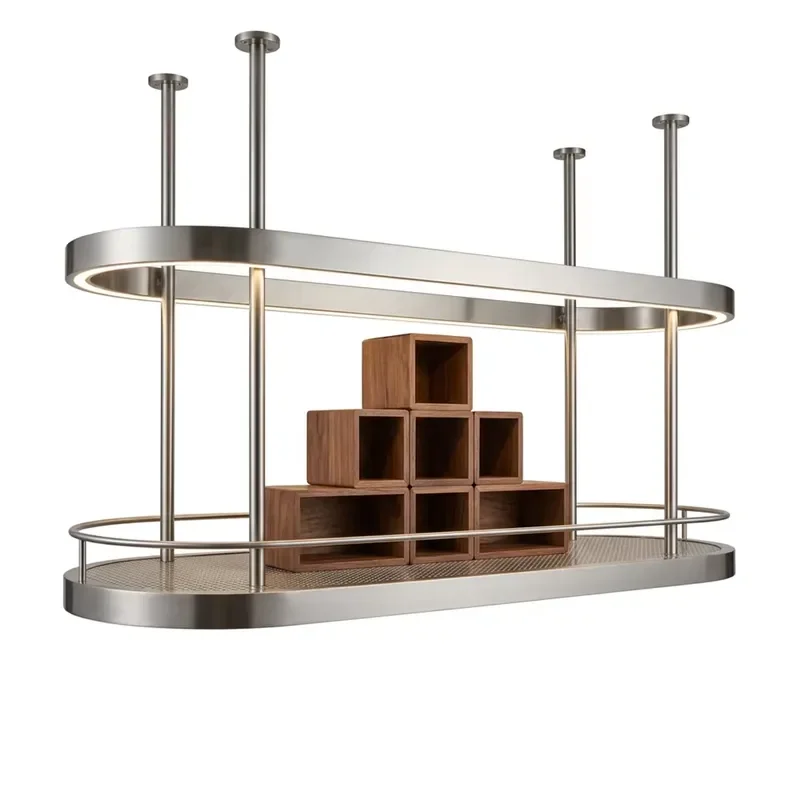 Stainless Steel Ceiling Mounted Oval Bar Rack Mesh Deck LED Light Hanging Wine Rack Wooden Cube Storage Rack for Restaurant