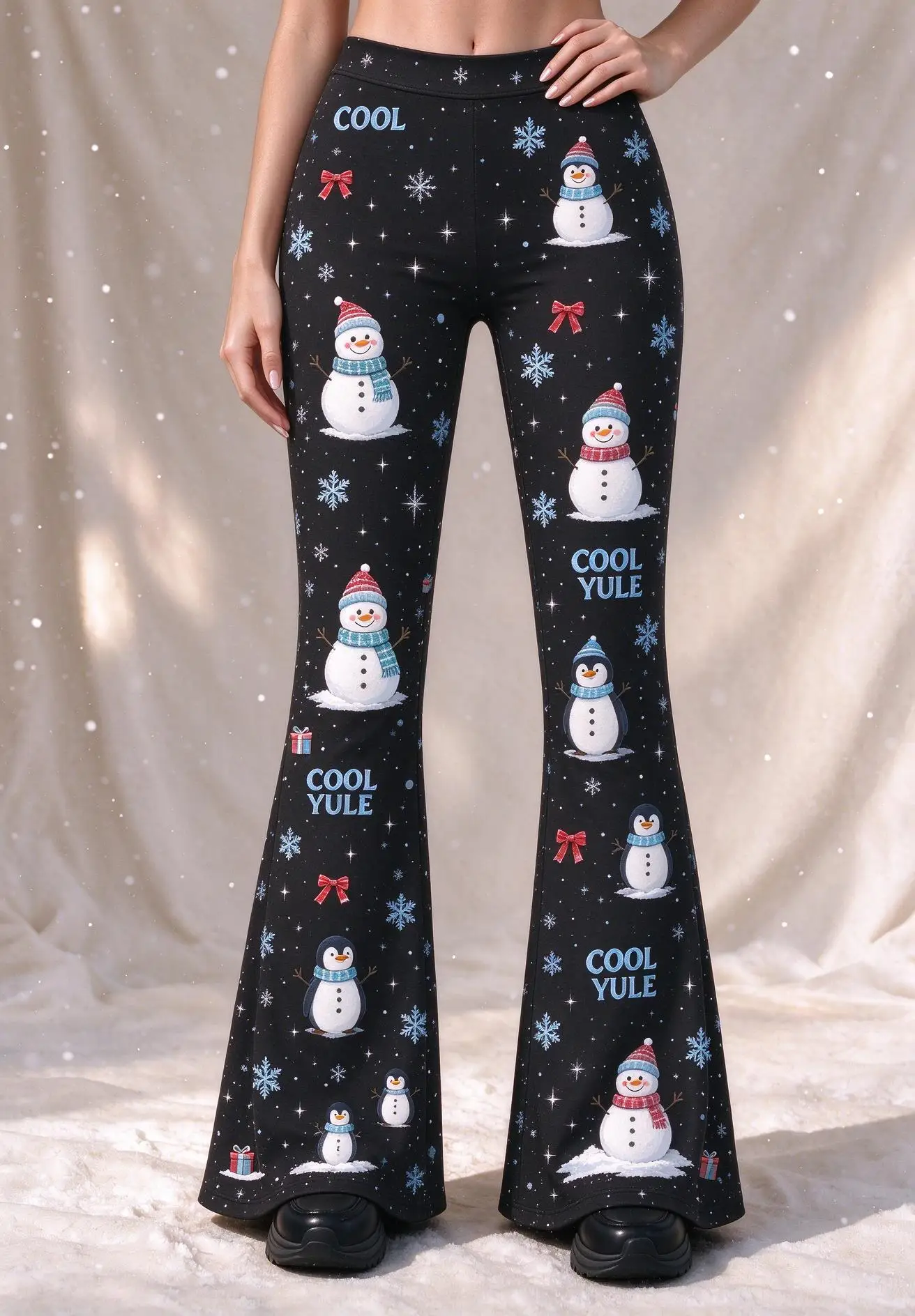 Women Mid Rise Skinny Flare Pants Christmas Snowman Let It Snow Print Black Stretch Bell Bottom Xmas Party Trousers