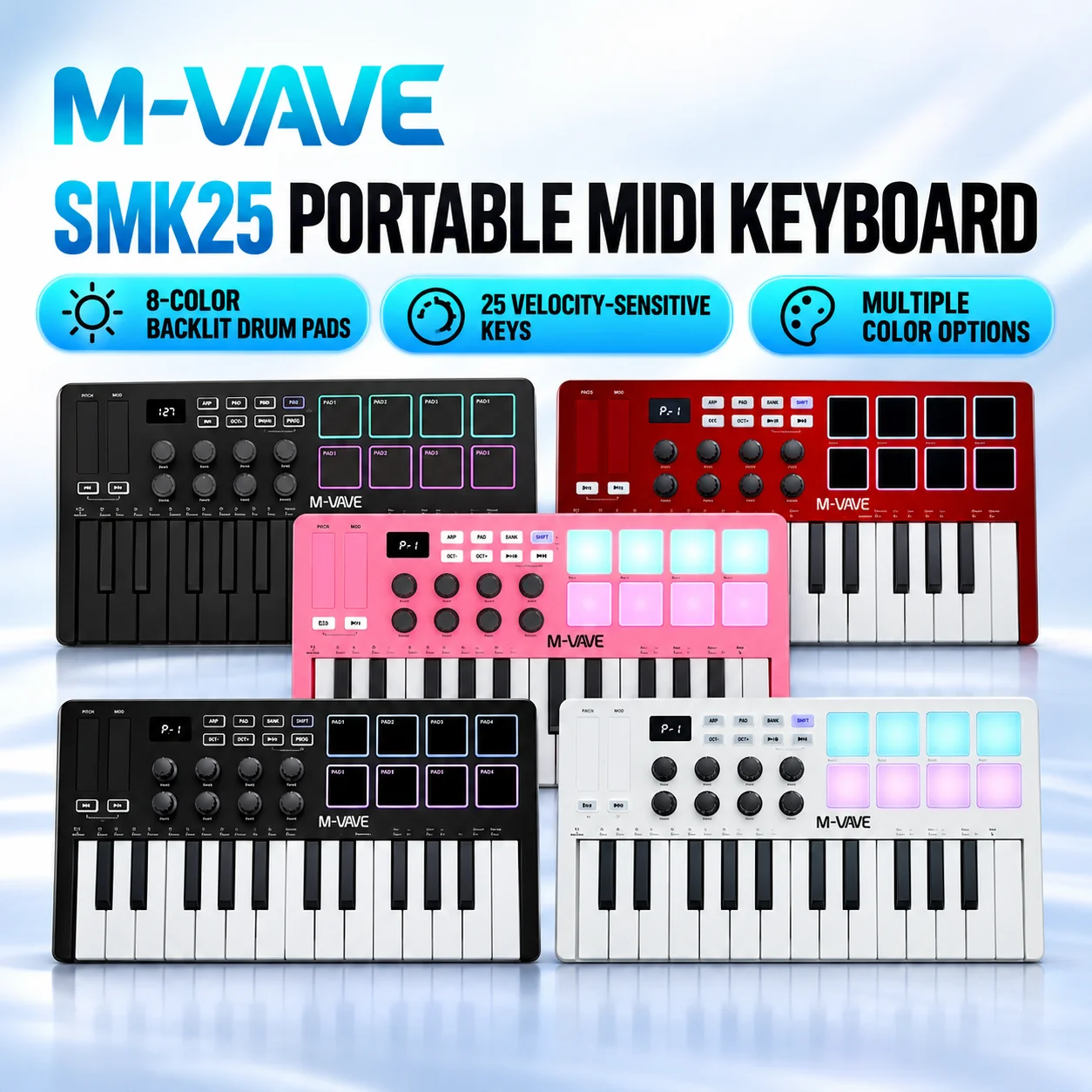 M-VAVE SMK-25 Professional Arranger Keyboard 25 Key Portable MIDI Controller Bluetooth Music Beginner Strike RGB Pad Instrument