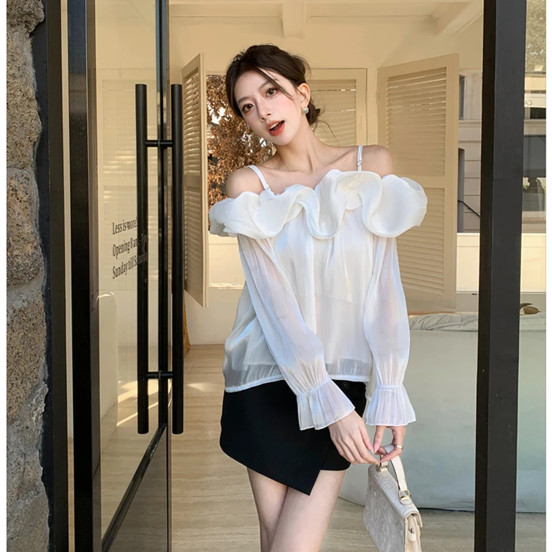 

Sexy Slant Collar Shirt Women Korean Ruffles Long Sleeve Tops Summer Elegant Harajuku Off Shoulder Loose Long Sleeve Blouse New