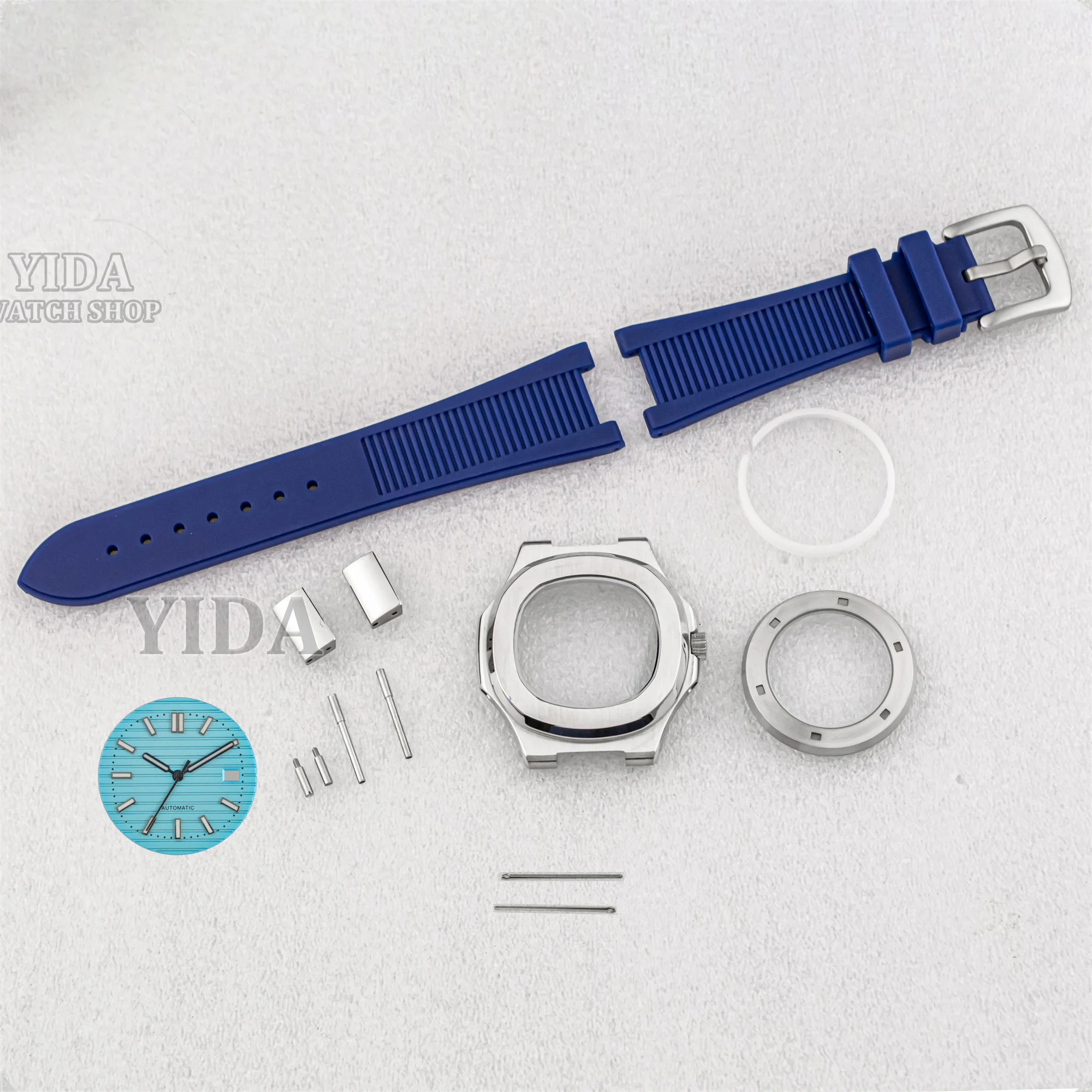 

41mm NH35 Case Rubber Strap 316L Stainless Steel Silver Watch Case Green Luminous Dial Hands Fit Nautilus NH35 Movement Parts