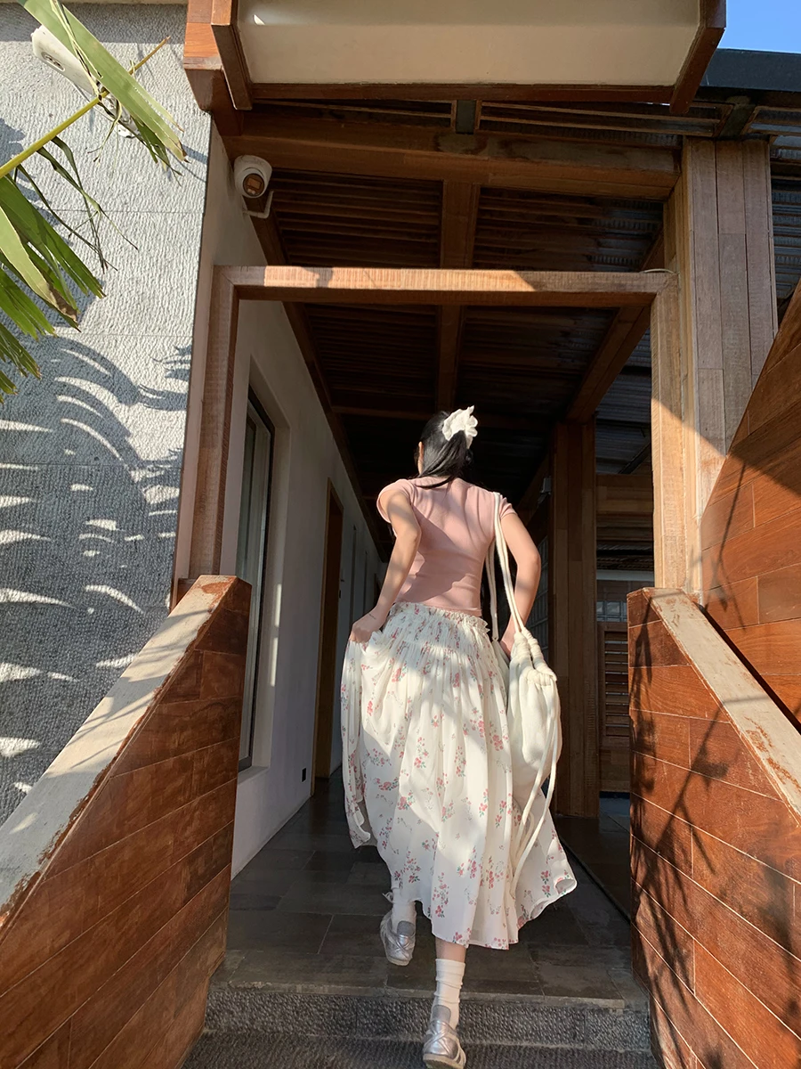 

Юбка-миди трапециевидной формы с цветочным принтом и высокой талией, женская летняя новая утягивающая юбка Ele, простая юбка из полиэфирного волокна