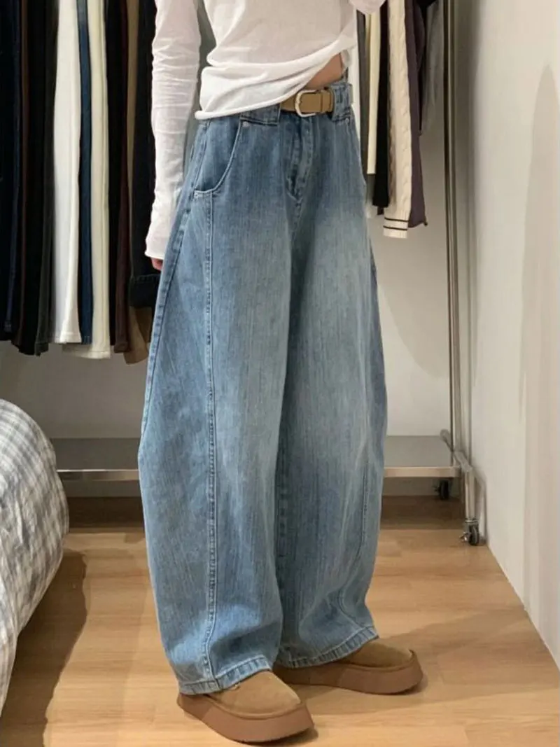 American Retro Knife Edge Jeans Women High Waist Loose Hiding Hip Slim Wide Leg Long Pants Spring New Style plus Size