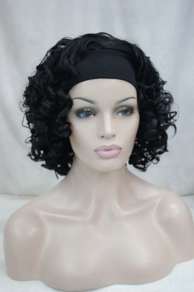 Beautiful cute 3/4 wig with headband black curly women' short synthetic half wig